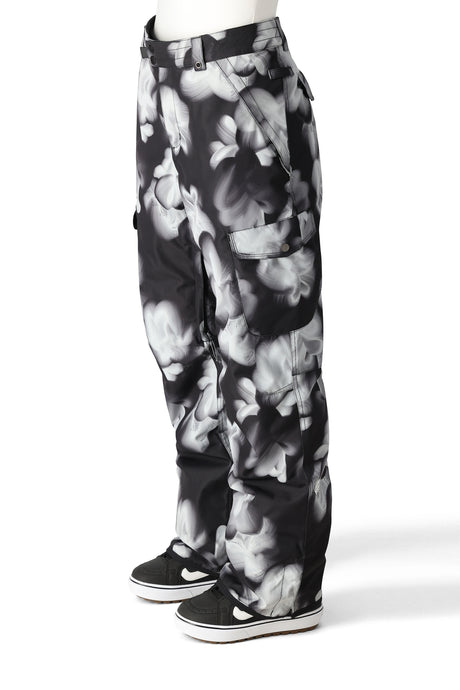 686 Aura Cargo Womens Pant ski pant -- Ghost Floral colorway side view showing side zip ventilation