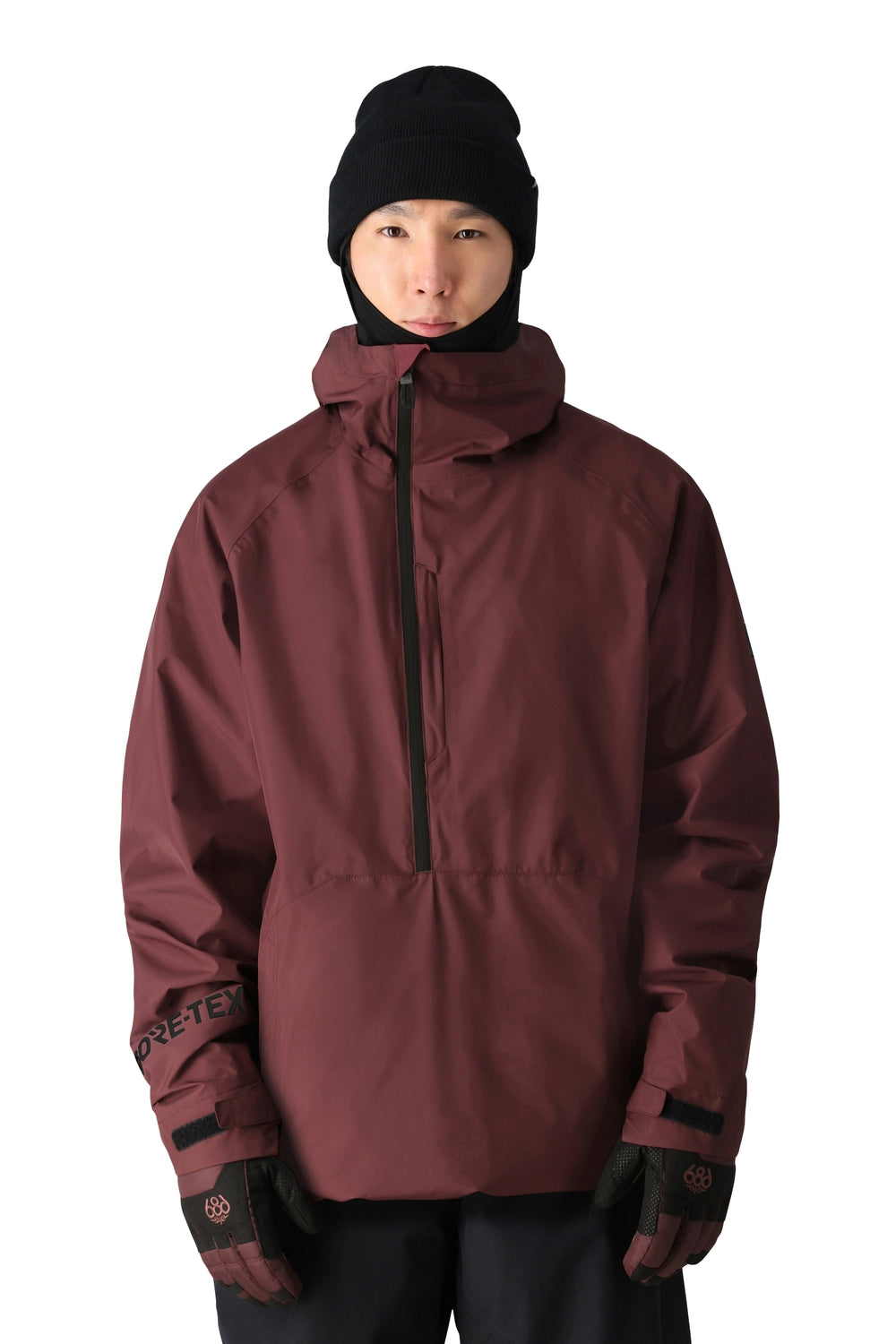 686 Gore Tex Fragment Shell Mens Jacket ski jacket -- front view on model showing insulated shell and hood at Willis Ski and