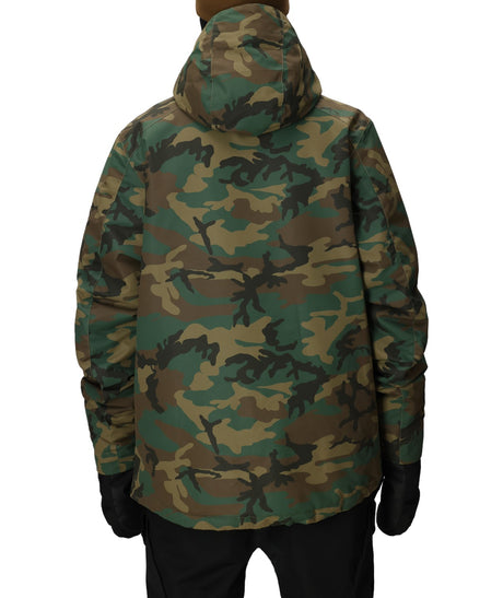 686 Nightline Mens Jacket 2026 ski jacket -- Camo colorway front view on model with hood and cuffs