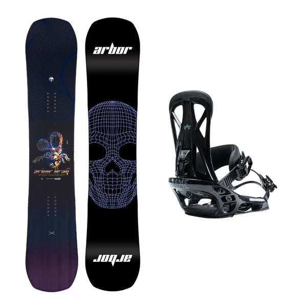 This is an image of Arbor Draft Camber Snowboard with Rome United Bindings