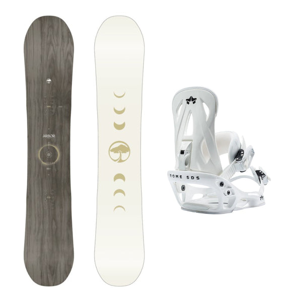 This is an image of Arbor Mantra Snowboard 2026 with Rome Shift Bindings