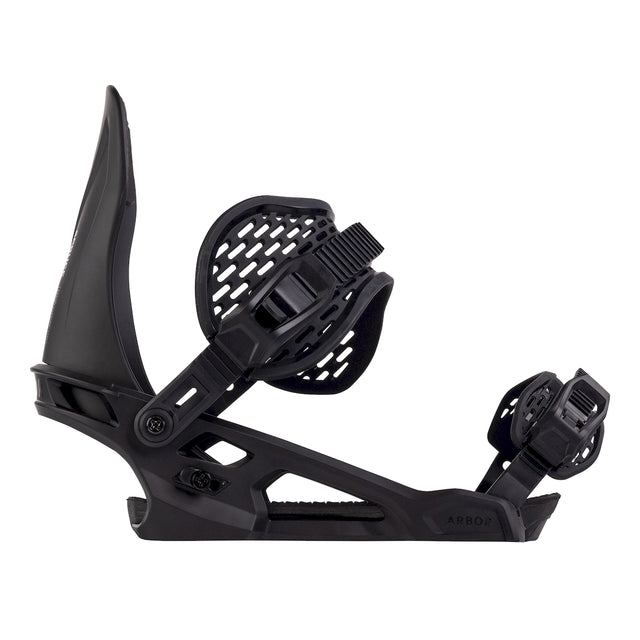 Arbor Spruce snowboard binding in black, side view of the tall highback, the ankle strap and the toe strap. Available at Willi's Snowboard Shop.