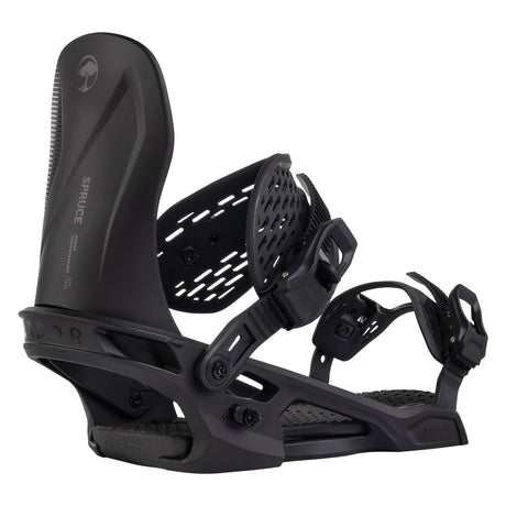 Arbor Spruce Snowboard Bindings snowboard binding -- Black Black Med colorway top view showing highback and straps