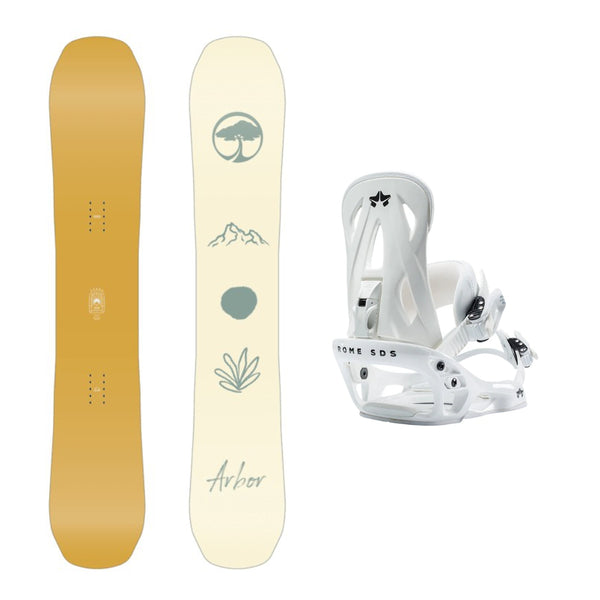 This is an image of Arbor Swoon Decon Snowboards 2026 with Rome Shift Bindings