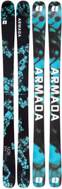 Armada ARW 84 women's skis, top and base view of the pair with a black and teal pattern and white Armada letters on the base.