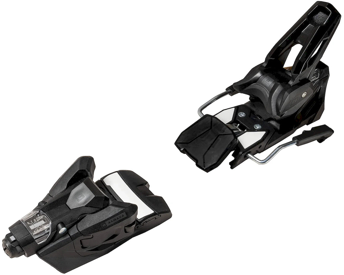 Armada Strive 14 GW ski bindings in black, top view of the toe piece and the heel piece with the silver brake arm. Available at Willi's Ski Shop.