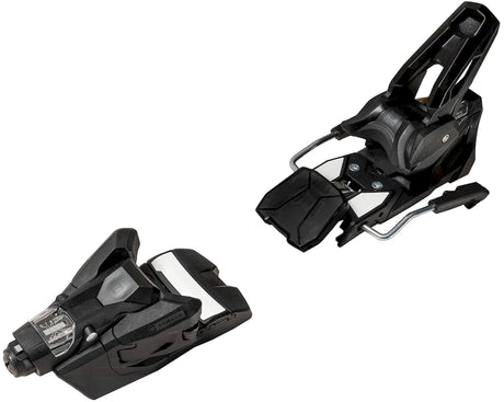 Armada Strive 14 GW ski bindings in black, top view of the toe piece and the heel piece with the silver brake arm. Available at Willi's Ski Shop.