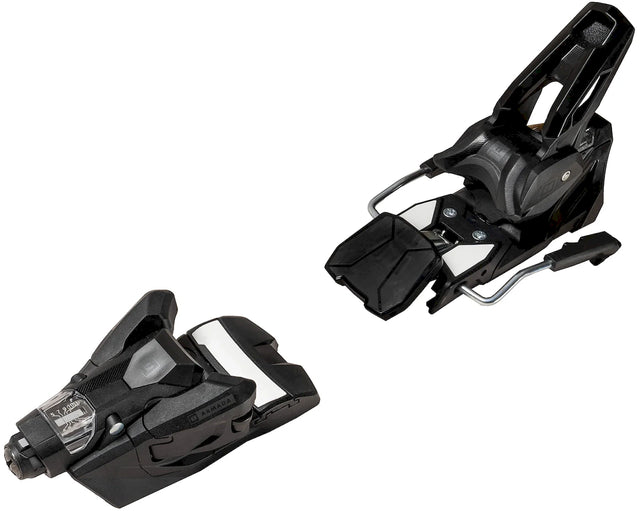Armada Strive 14 GW ski bindings in black, top view of the toe piece and the heel piece with the silver brake arm. Available at Willi's Ski Shop.