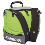 Athalon kids' boot bag in lime green, black and gray, front view of the backpack-style bag with a top handle and the Athalon name.