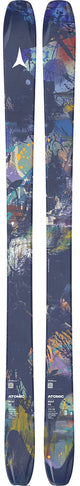 Atomic Bent 90 skis, top view of the pair standing on end with a colorful abstract paint graphic in navy, blue and orange.