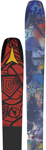 Atomic Bent 90 skis, close-up of the tip with the paint graphic beside the red and yellow base with the Atomic logo. Available at Willi's Ski Shop.
