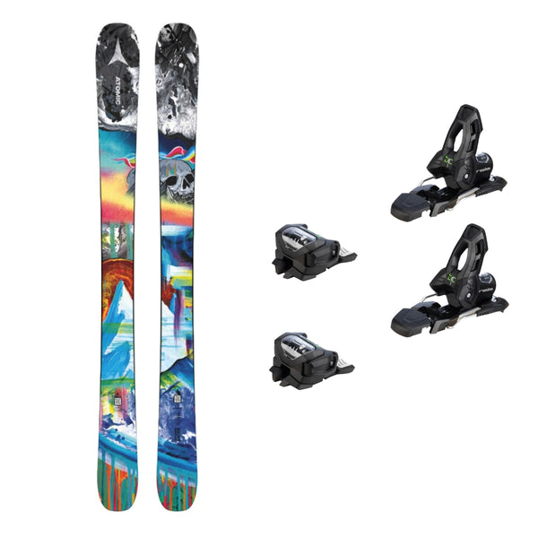 This is an image of Atomic Bent Chetler Mini Skis 2025 Package with Attack 11 Ski Bindings