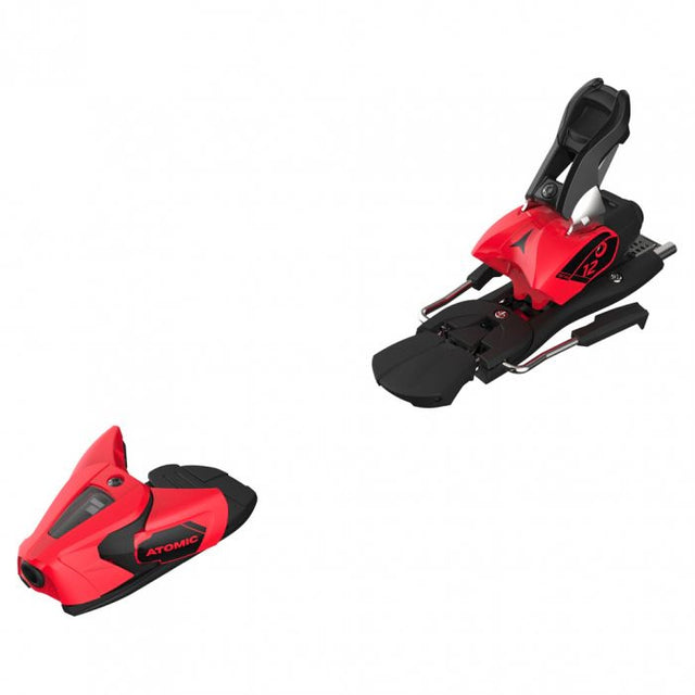 Atomic Colt 12 ski bindings in red and black, angled view of the toe piece and the heel piece with the brake arm. Available at Willi's Ski Shop.
