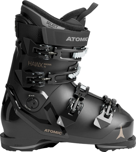 Atomic Hawx Magna 75 W women's ski boot in black and charcoal, side view showing the buckles, the Select label and the Atomic name.