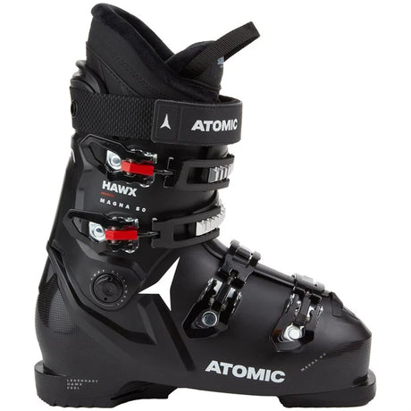 Atomic Hawx Magna 80 ski boot in black with red buckle tabs, side view showing the buckles, the power strap and the Atomic name.