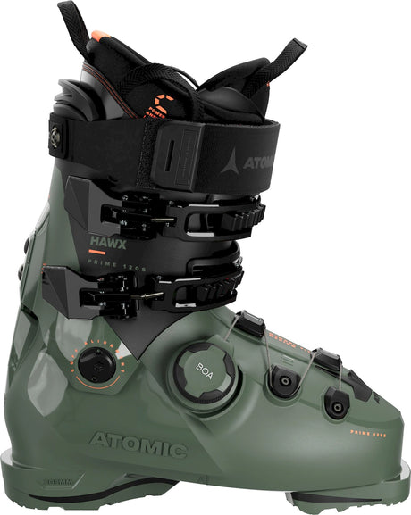 Atomic Hawx Prime 120 S Boa GW ski boot in green with black buckles, side view showing the Boa dial and the Atomic name.