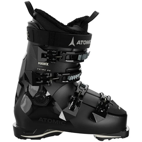 Atomic Hawx Prime 85 W GW women's ski boot in black, side view showing the buckles, the Hawx name and the Atomic name on the cuff.