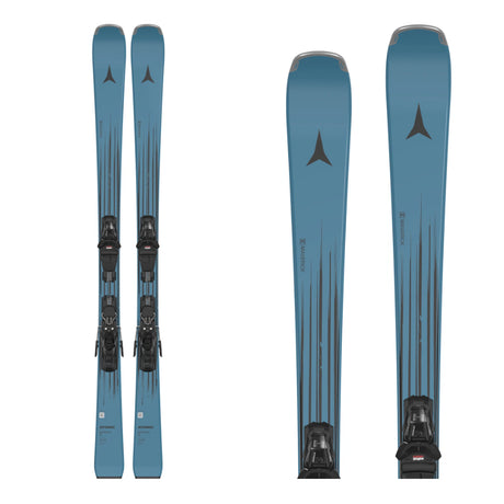 Atomic Maverick 78 skis with M10 GW bindings in blue-gray, top view of the pair with a close-up of the tip and the binding.