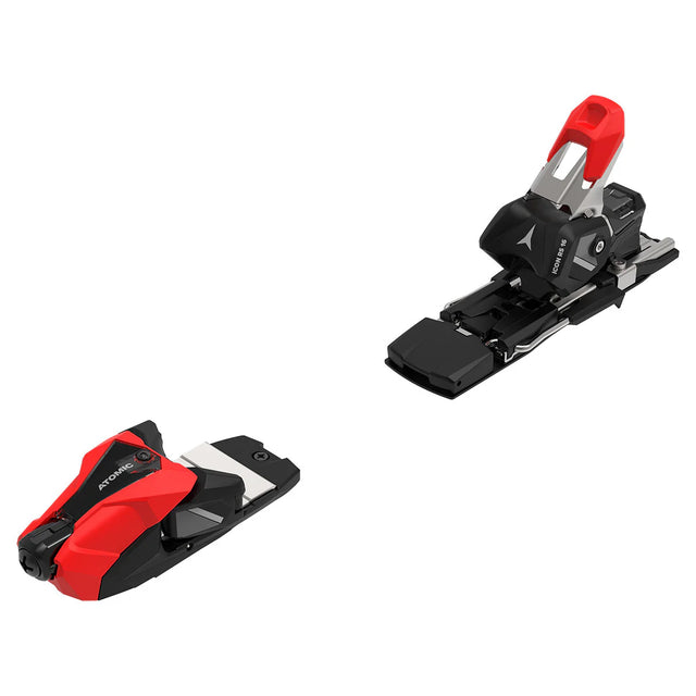 Atomic NY Icon RS 16 ski bindings in red and black, angled view of the toe piece and the heel piece with a brake arm. Available at Willi's Ski Shop.
