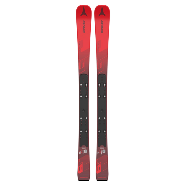 Atomic Redster J9 RS J-RP2 race skis in red and black, top view of the pair standing on end without bindings. Available at Willi's Ski Shop.