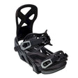 Bent Metal Cor-Pro snowboard binding in black and gray, angled front view of the cut-out highback and the two ratchet straps.