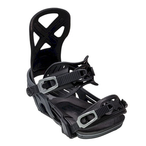Bent Metal Cor-Pro snowboard binding in black and gray, angled front view of the cut-out highback and the two ratchet straps.