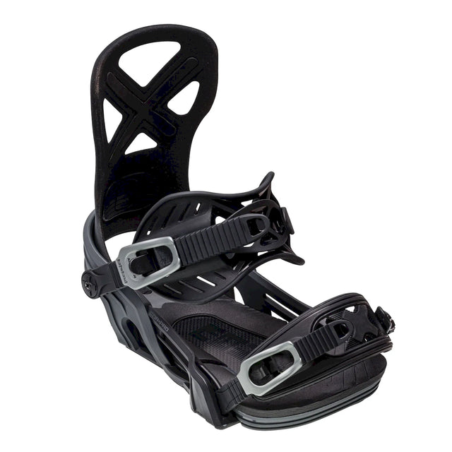 Bent Metal Cor-Pro snowboard binding in black and gray, angled front view of the cut-out highback and the two ratchet straps.