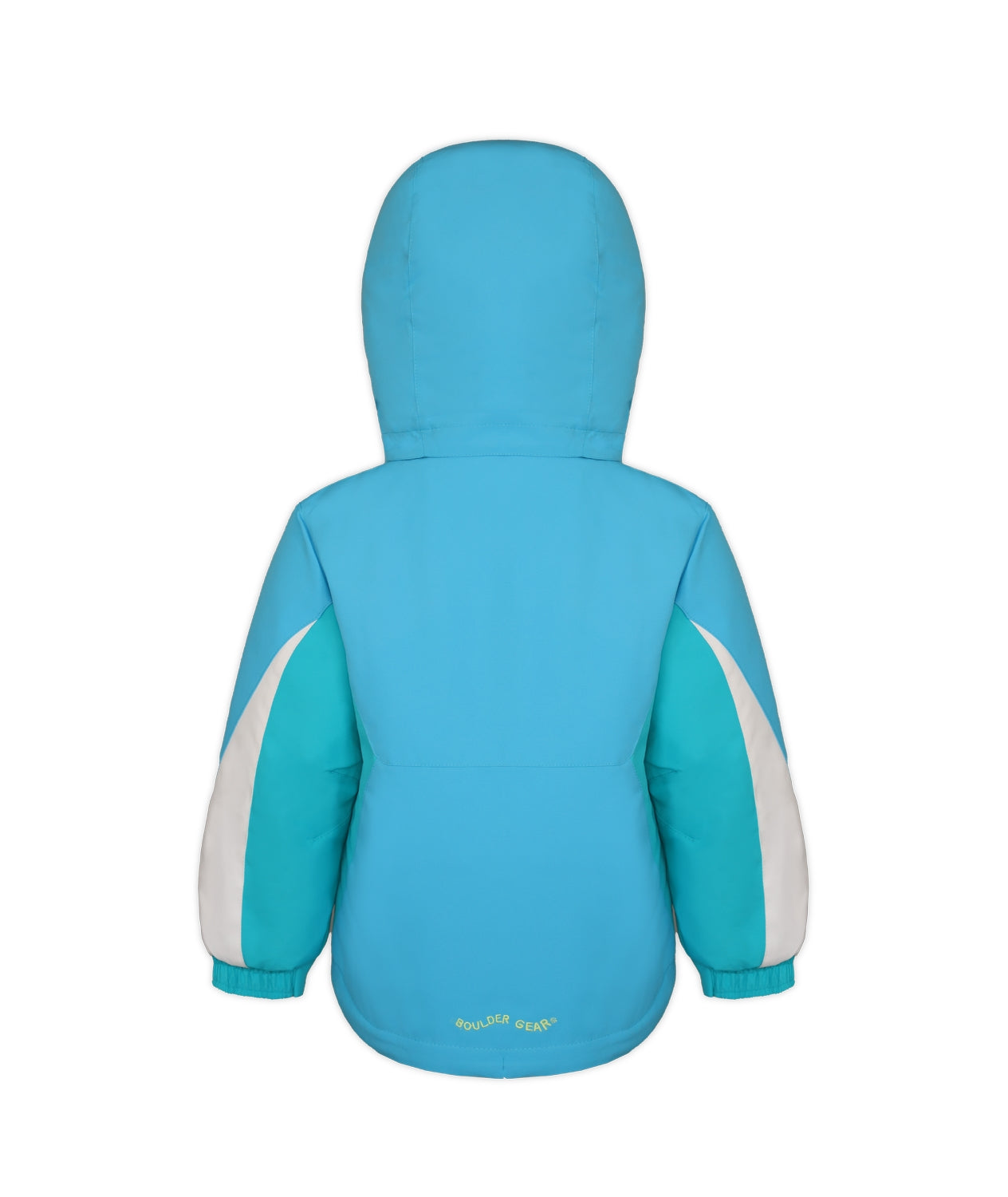 Boulder Gear Candice Toddler Jacket ski jacket -- Bue Blossom 2 colorway front view on model with hood and cuffs