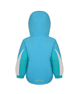 Boulder Gear Candice Toddler Jacket ski jacket -- Bue Blossom 2 colorway front view on model with hood and cuffs