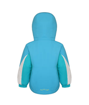 Boulder Gear Candice Toddler Jacket ski jacket -- Bue Blossom 2 colorway front view on model with hood and cuffs