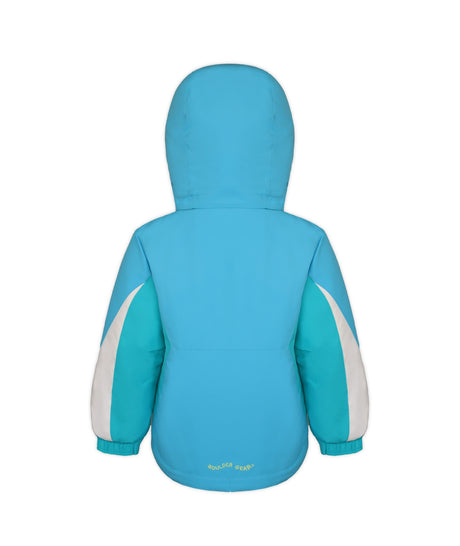 Boulder Gear Candice Toddler Jacket ski jacket -- Bue Blossom 2 colorway front view on model with hood and cuffs