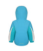 Boulder Gear Candice Toddler Jacket ski jacket -- Bue Blossom 2 colorway front view on model with hood and cuffs