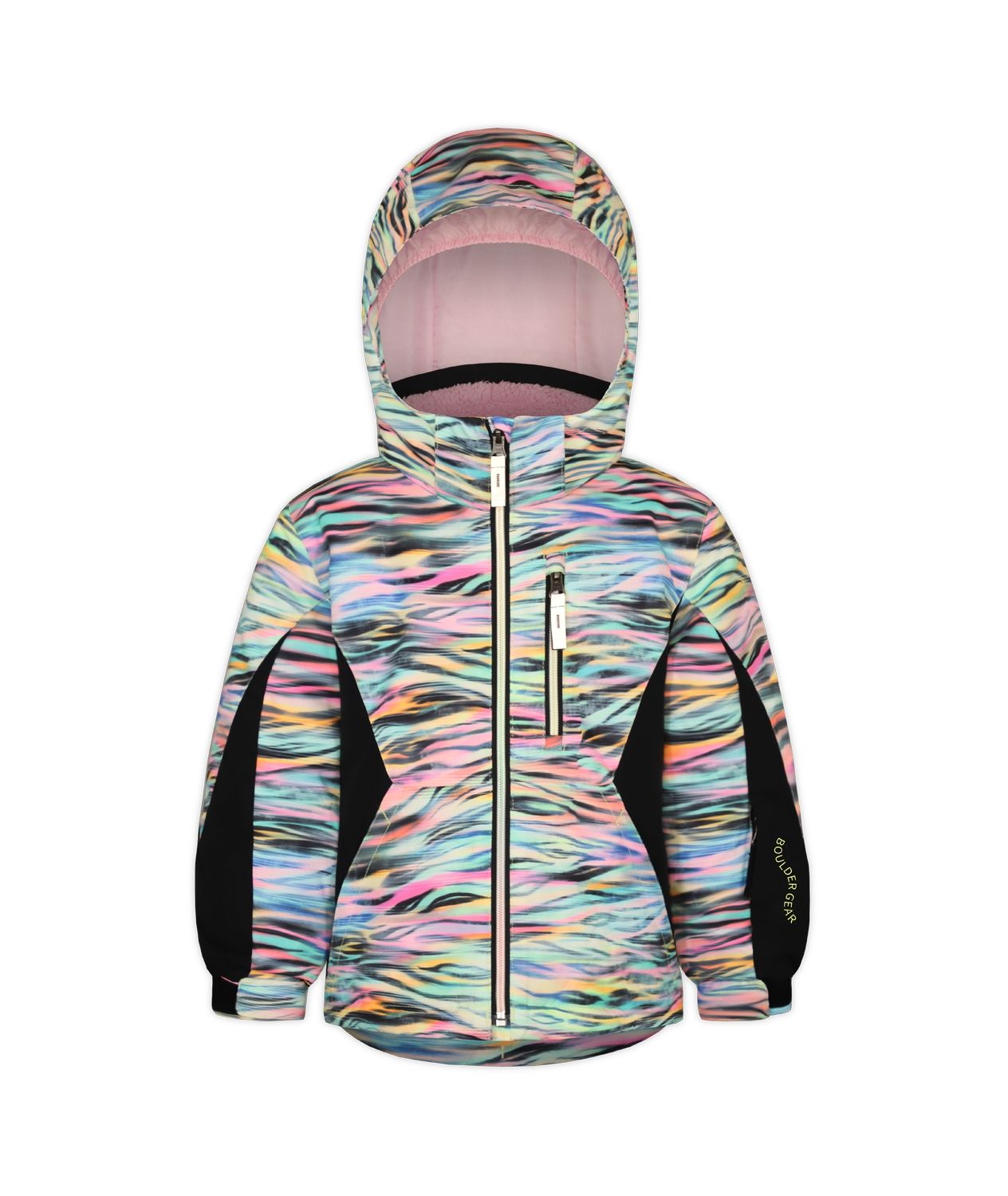 Boulder Gear Candice Toddler Jacket ski jacket -- Zippy Zebra 2 colorway back view showing articulated powder skirt and fit