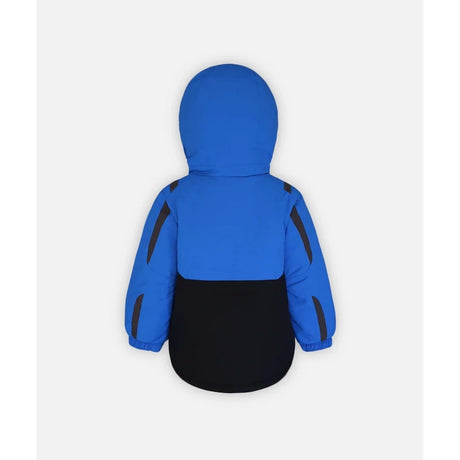 Boulder Gear Carson Toddler Boys Jacket ski jacket -- Blue Galaxy 5 colorway front view on model with hood and cuffs