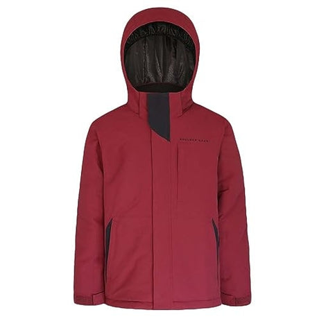 Boulder Gear Cody Junior Jacket ski jacket -- Maroon colorway front view on model with hood and cuffs