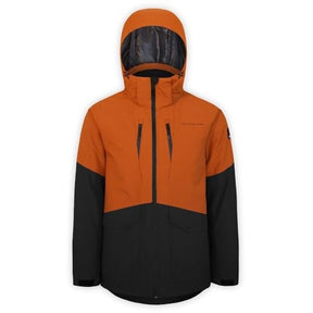 Boulder Gear Downslide Mens Jacket ski jacket -- Carmel Cafe colorway front view on model with hood and cuffs