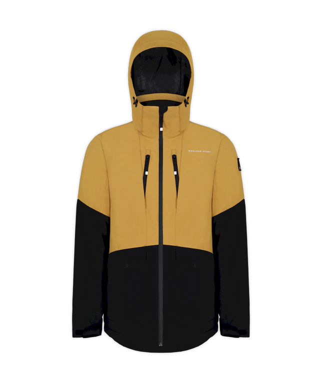 Boulder Gear Downslide men's jacket in mustard and black, front view with the hood up and two chest zip pockets. Come in to Willi's Ski and Board.