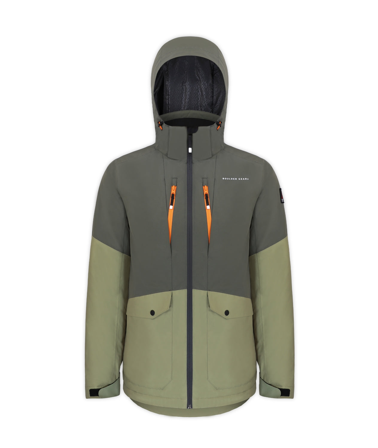 Boulder Gear Downslide Mens Jacket Extended ski jacket -- Olive colorway front view on model with hood and cuffs