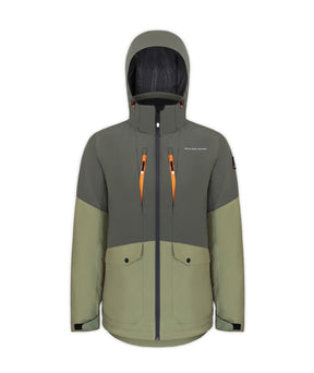 Boulder Gear Downslide Mens Jacket Extended ski jacket -- Olive colorway front view on model with hood and cuffs