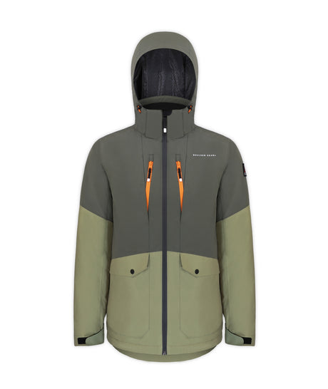 Boulder Gear Downslide Mens Jacket Extended ski jacket -- Olive colorway front view on model with hood and cuffs