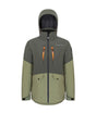 Boulder Gear Downslide Mens Jacket Extended ski jacket -- Olive colorway front view on model with hood and cuffs