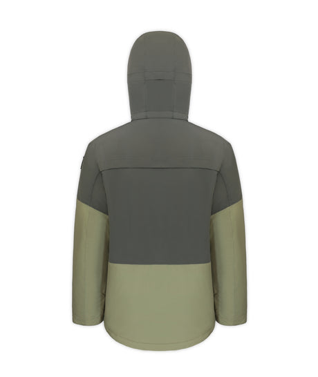 Boulder Gear Downslide Mens Jacket Extended ski jacket -- Olive colorway outside profile showing zippered pockets and seams