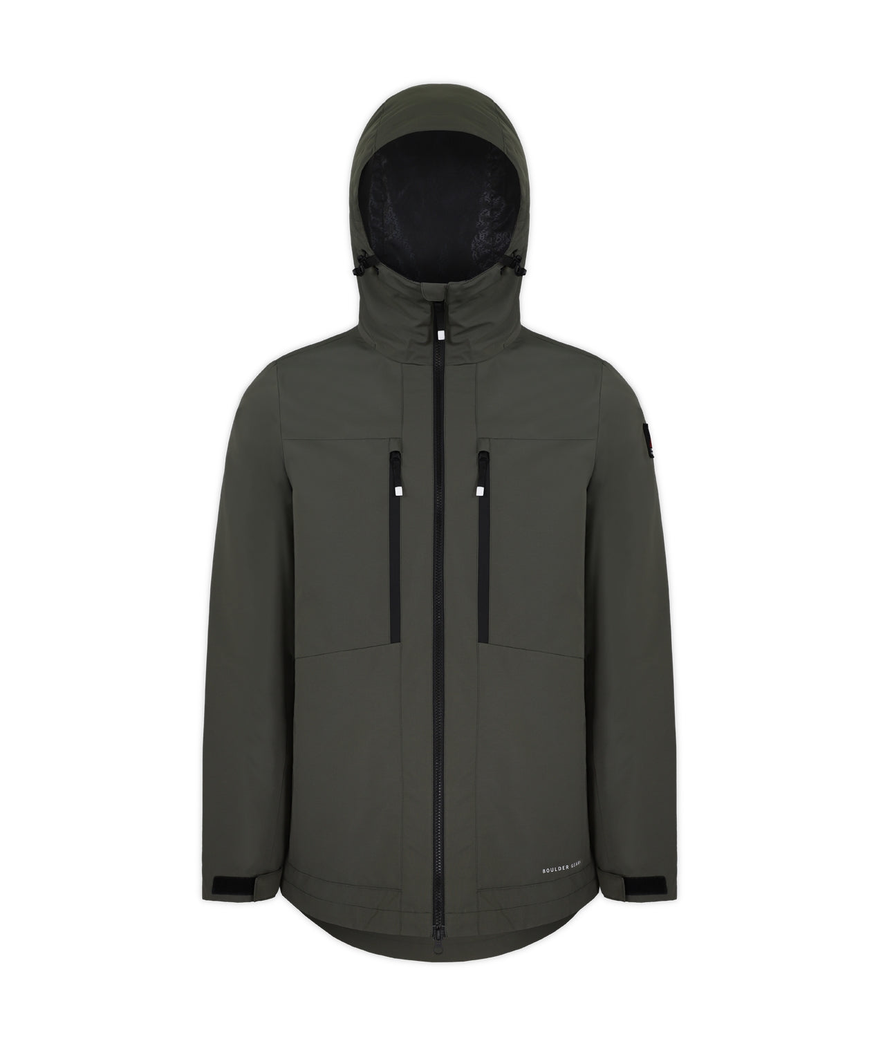 Boulder Gear Frost 3 In 1 Mens Jacket ski jacket -- Olive colorway outside profile showing zippered pockets and seams