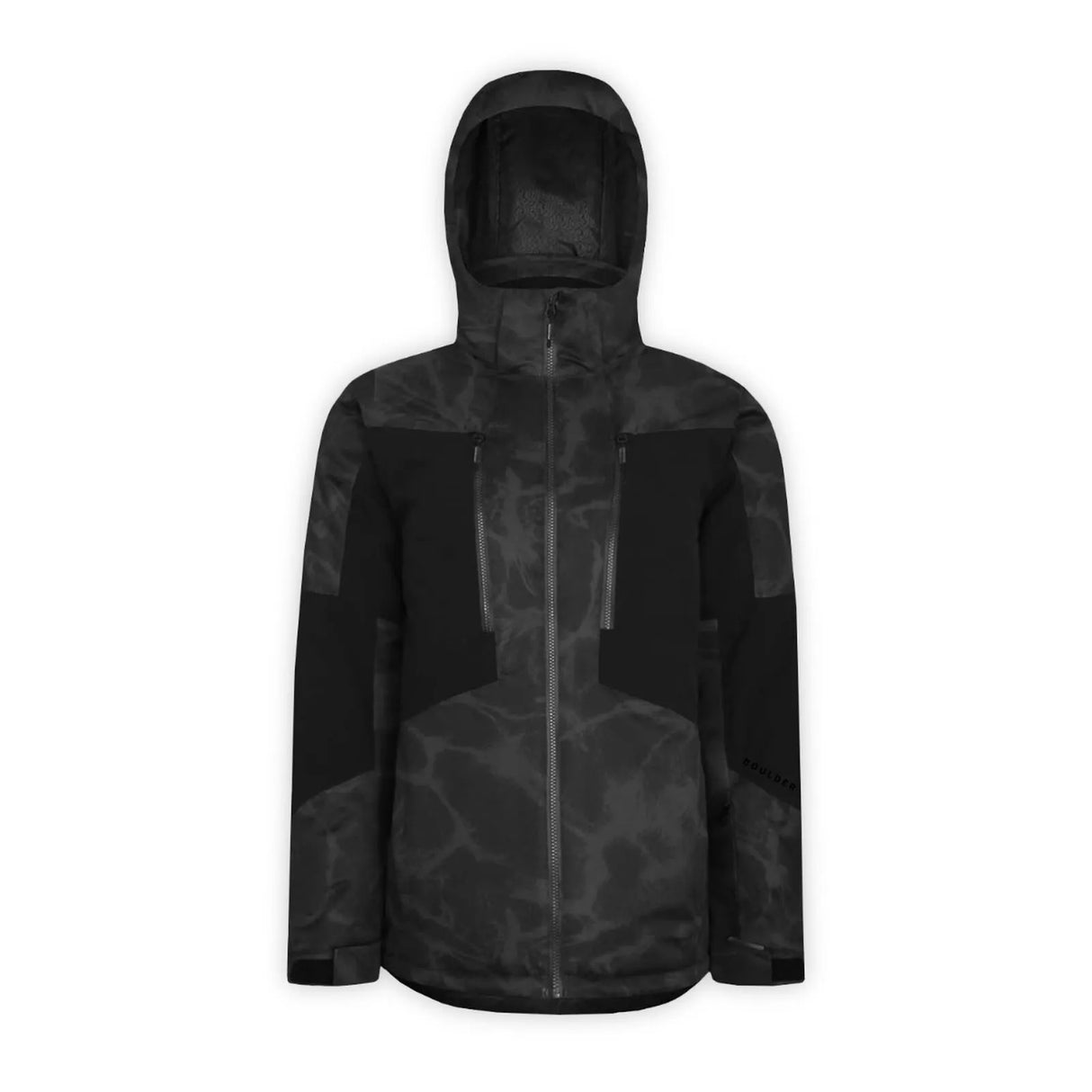 Boulder Gear Impact Tech Mens Jacket Extended ski jacket -- Ext colorway front view on model with hood and cuffs