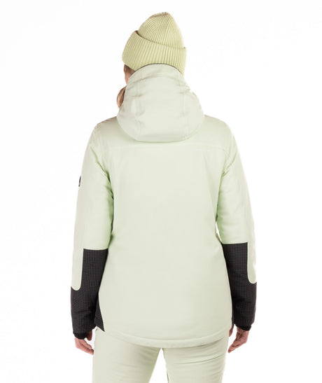 Boulder Gear Ivie Womens Jacket 2026 ski jacket -- Hint Of Mint colorway back view showing articulated powder skirt and fit
