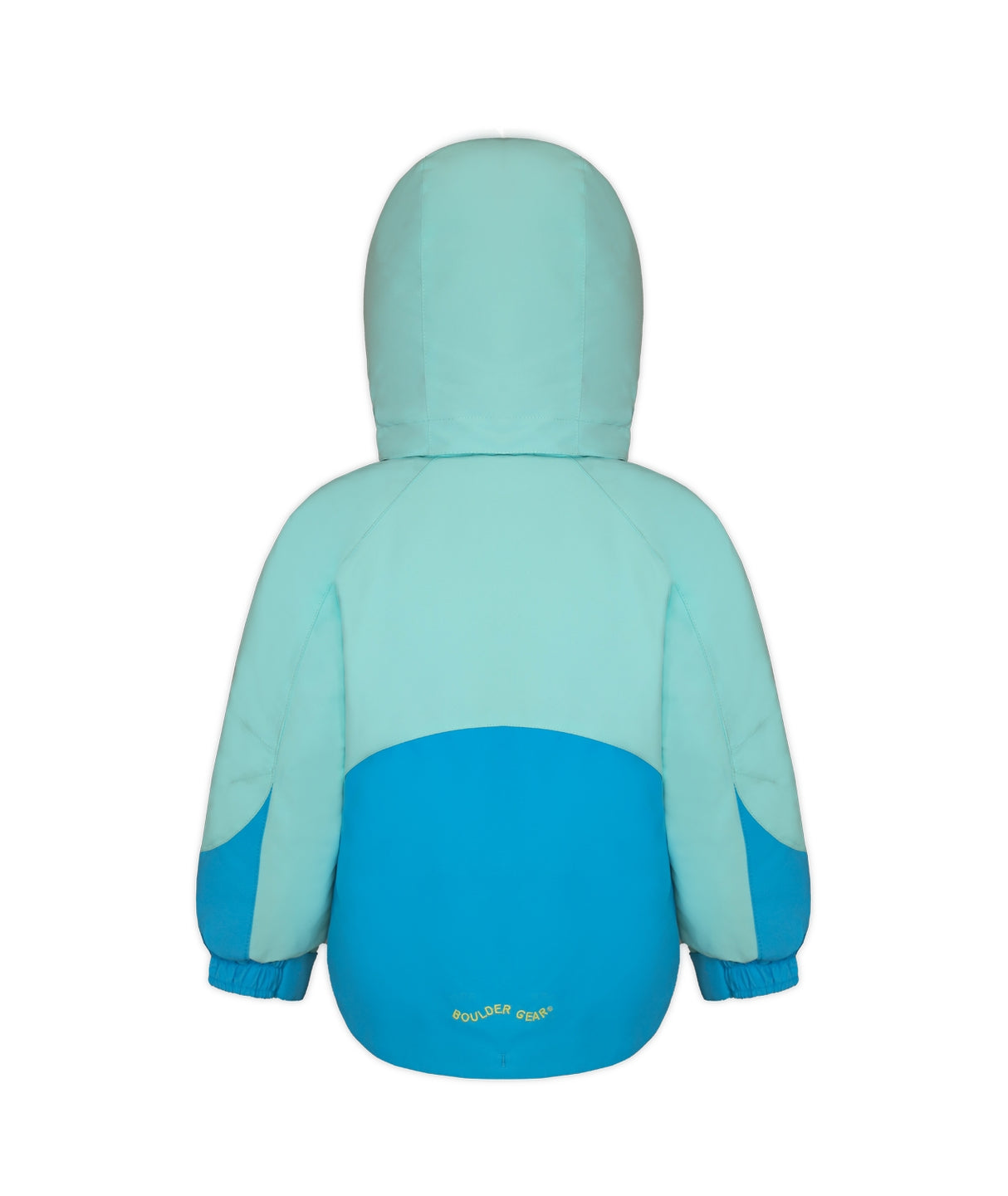 Boulder Gear Lacey Toddler Jacket ski jacket -- Blue Waters 2 colorway front view on model with hood and cuffs