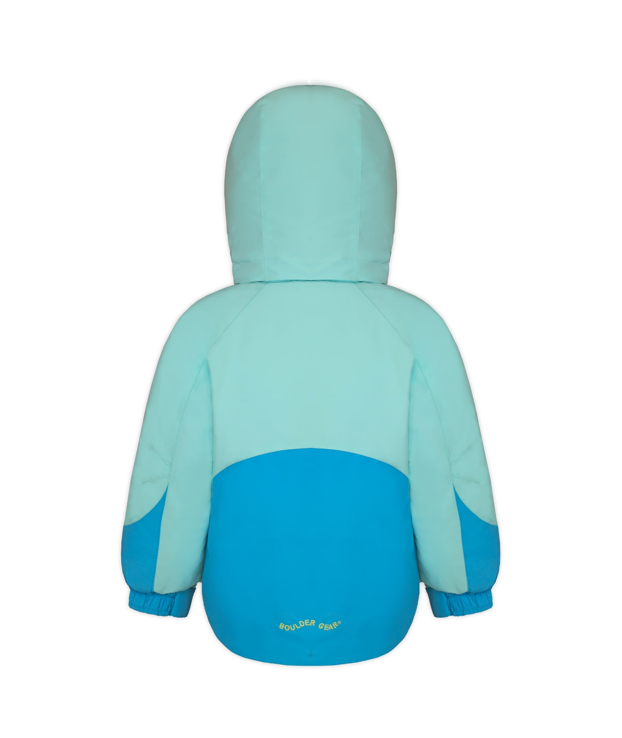 Boulder Gear Lacey Toddler Jacket ski jacket -- Blue Waters 2 colorway front view on model with hood and cuffs