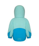 Boulder Gear Lacey Toddler Jacket ski jacket -- Blue Waters 2 colorway front view on model with hood and cuffs
