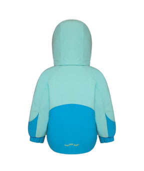 Boulder Gear Lacey Toddler Jacket ski jacket -- Blue Waters 2 colorway front view on model with hood and cuffs