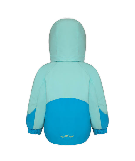 Boulder Gear Lacey Toddler Jacket ski jacket -- Blue Waters 2 colorway front view on model with hood and cuffs